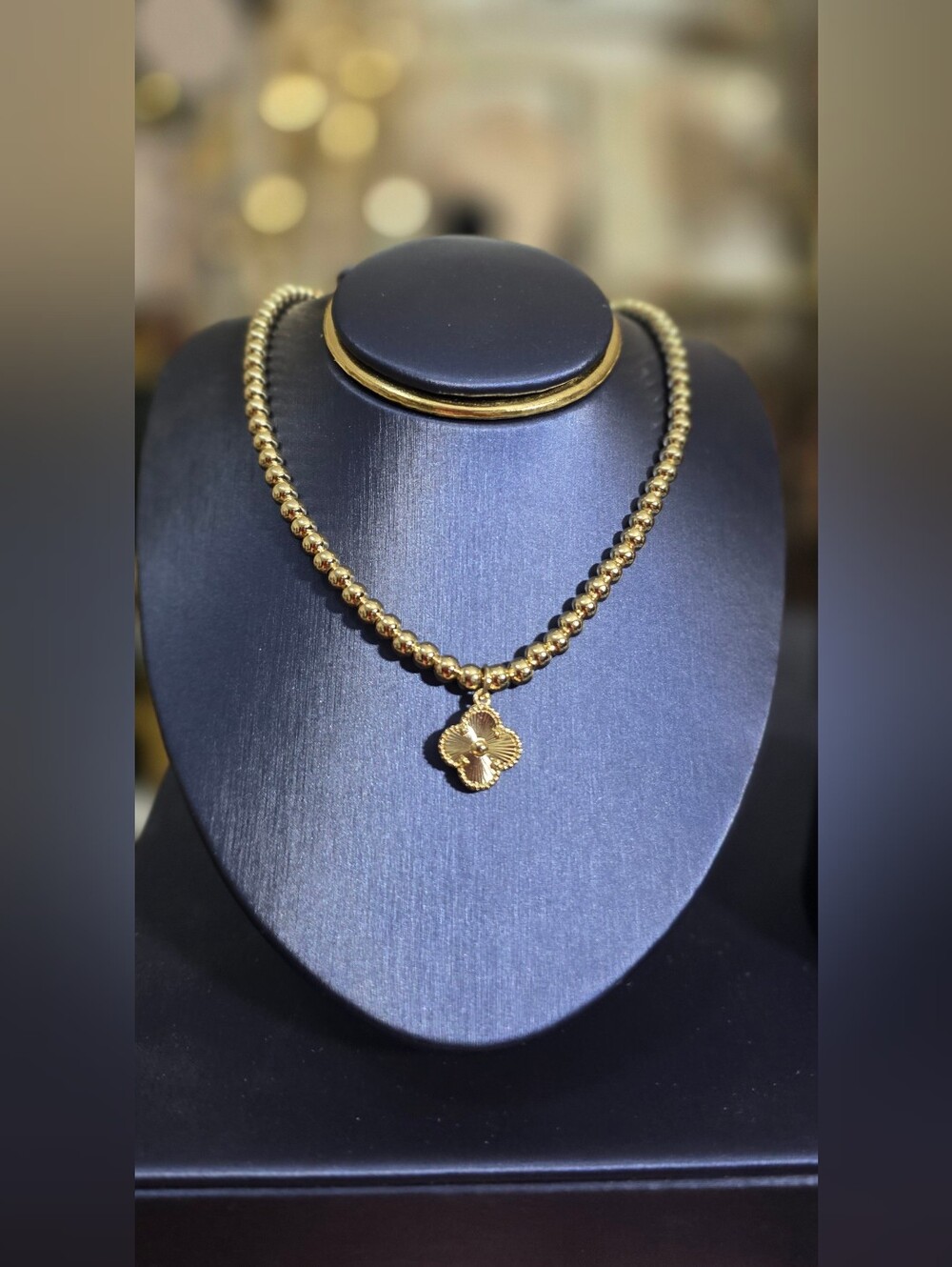 Gold Bead Clover Pendant Necklace
